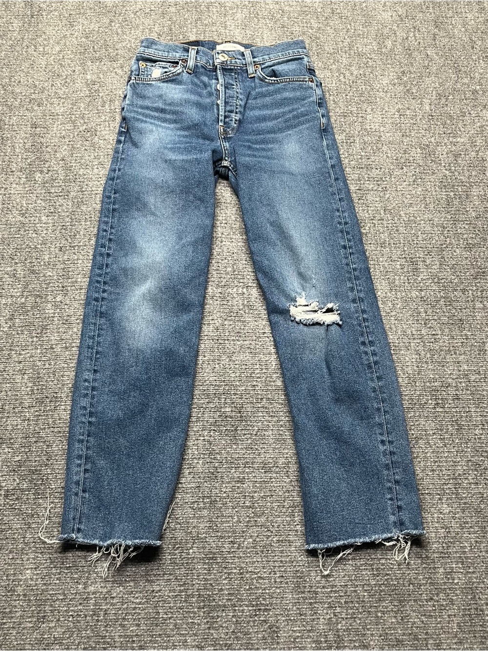 Re/Done Jeans 25 Blue 70s Stovepipe Cropped Raw Hem Distresed Button Fly Upcyled